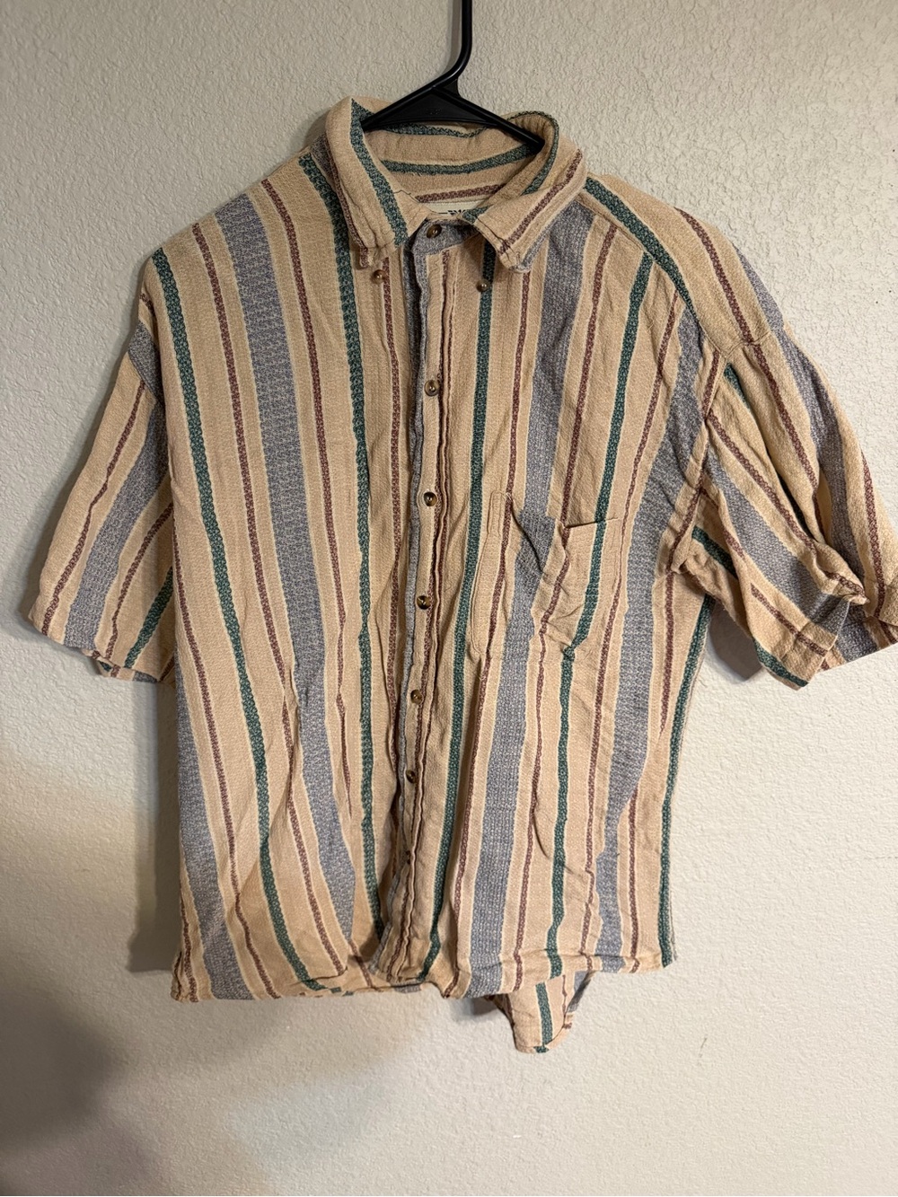Casual Beige Striped Short-Sleeve Button-Down Shirt